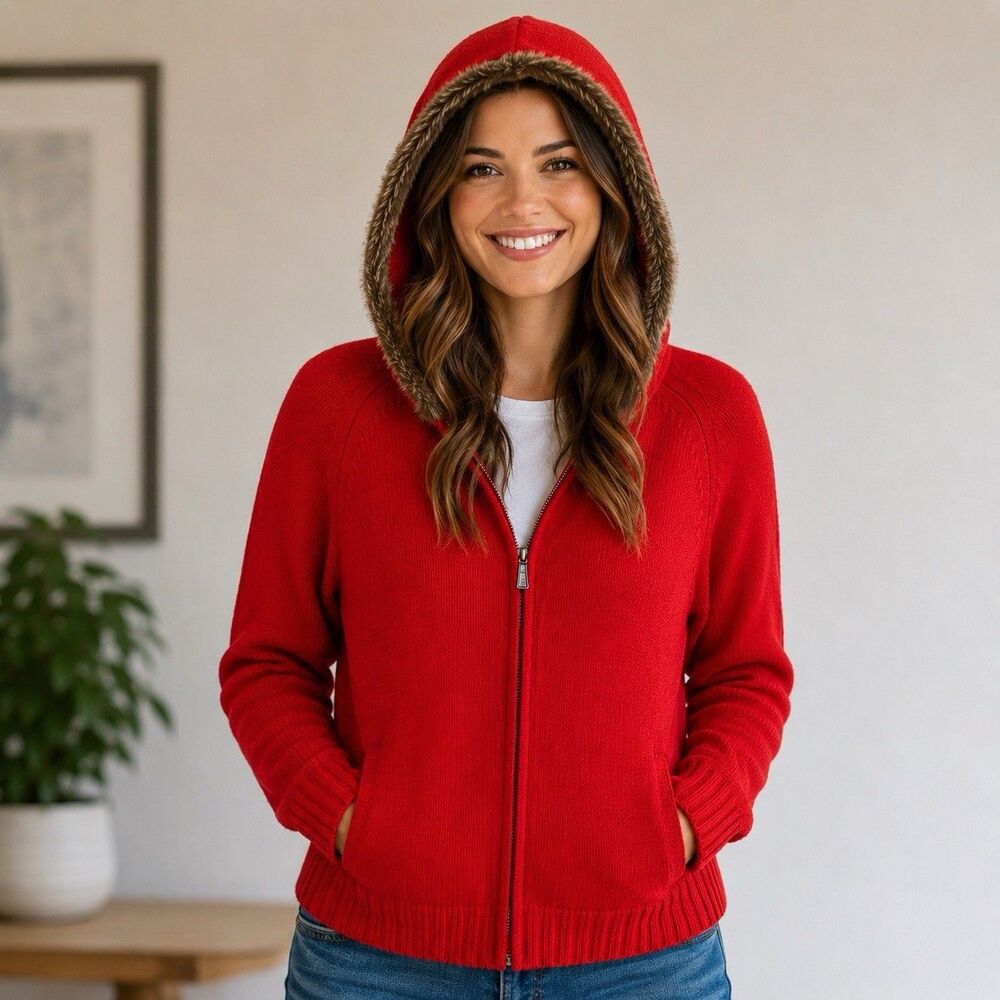 Vintage Gap Sweater Women Large Red Full Zip Hooded Faux Fur Y2K Hong Kong